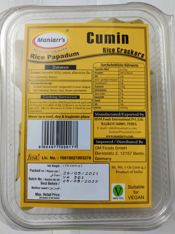 Maniarr's Cumin Rice Papadum - 200g